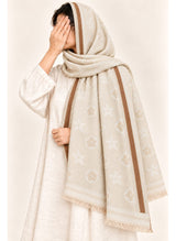 Ivory floral wool winter scarf, 31 x 72 inches, worn by a model | Hijab Ul Hareem