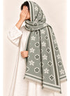 Sage Green floral wool winter scarf, 31 x 72 inches, worn by a model | Hijab Ul Hareem
