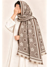 Taupe floral wool winter scarf, 31 x 72 inches, worn by a model | Hijab Ul Hareem