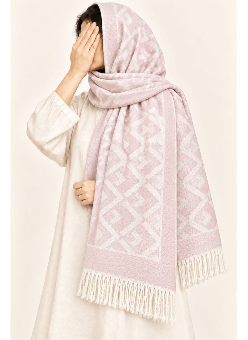 Baby Pink geometric wool winter scarf, 31 × 72 inches, worn as a hijab on a model — Hijab Ul Hareem