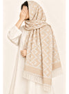 Beige geometric wool winter scarf, 31 × 72 inches, worn as a hijab on a model — Hijab Ul Hareem