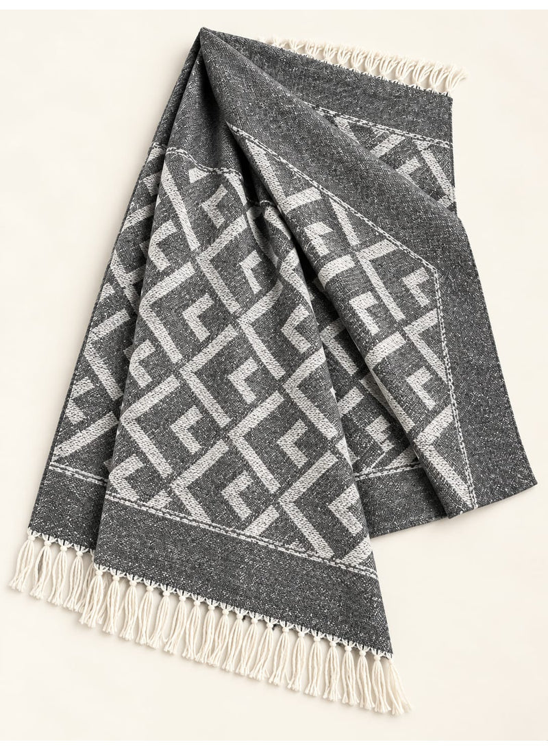 Charcoal geometric wool winter scarf, 31 × 72 inches, laid out showing its geometric pattern and fringed ends — Hijab Ul Hareem