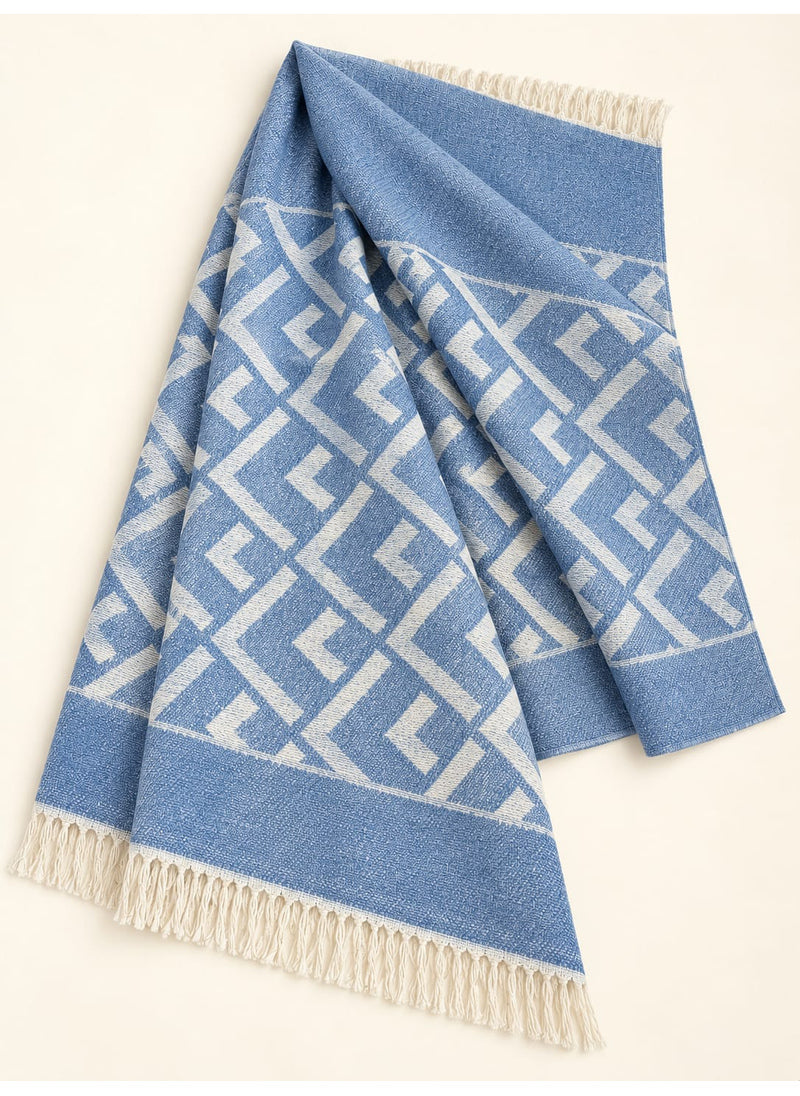 Cornflower Blue geometric wool winter scarf, 31 × 72 inches, laid out showing its geometric pattern and fringed ends — Hijab Ul Hareem