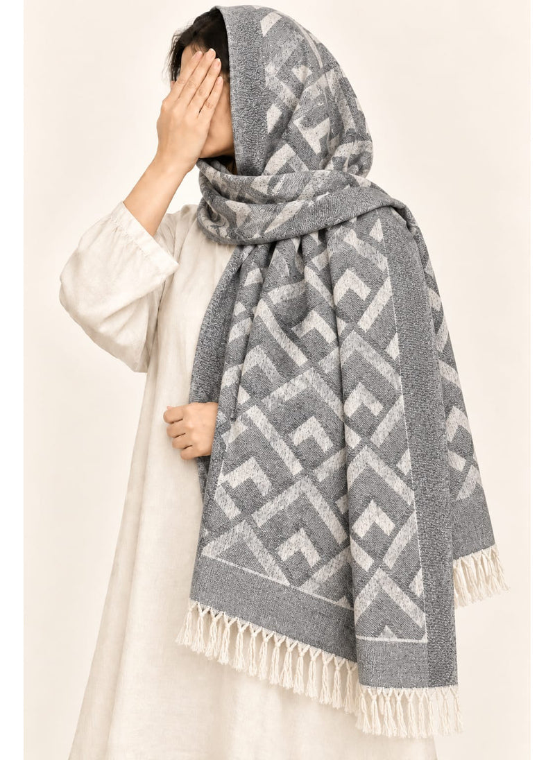 Grey geometric wool winter scarf, 31 × 72 inches, worn as a hijab on a model — Hijab Ul Hareem