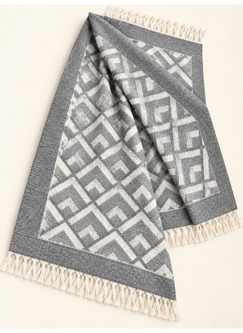 Grey geometric wool winter scarf, 31 × 72 inches, laid out showing its geometric pattern and fringed ends — Hijab Ul Hareem