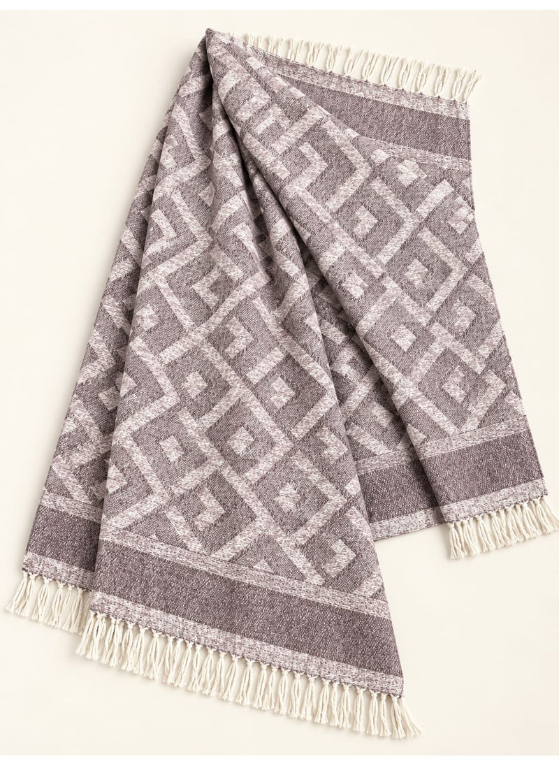 Mauve geometric wool winter scarf, 31 × 72 inches, laid out showing its geometric pattern and fringed ends — Hijab Ul Hareem