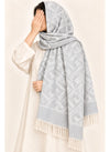 Silver Grey geometric wool winter scarf, 31 × 72 inches, worn as a hijab on a model — Hijab Ul Hareem