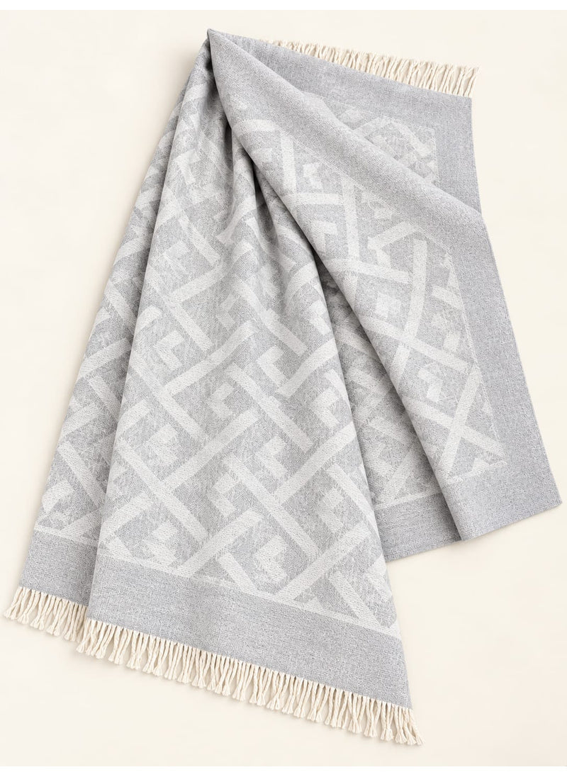 Silver Grey geometric wool winter scarf, 31 × 72 inches, laid out showing its geometric pattern and fringed ends — Hijab Ul Hareem