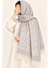 Taupe geometric wool winter scarf, 31 × 72 inches, worn as a hijab on a model — Hijab Ul Hareem