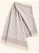 Taupe geometric wool winter scarf, 31 × 72 inches, laid out showing its geometric pattern and fringed ends — Hijab Ul Hareem