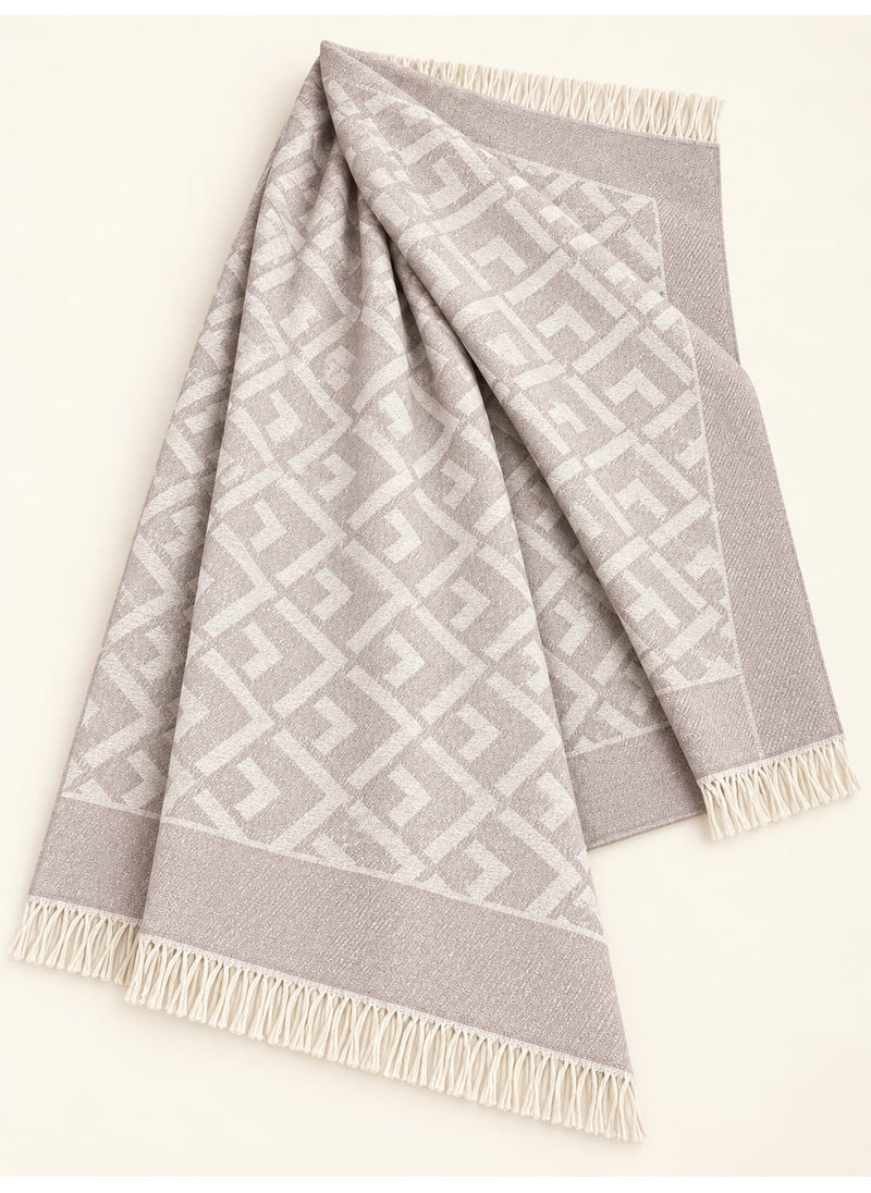 Taupe geometric wool winter scarf, 31 × 72 inches, laid out showing its geometric pattern and fringed ends — Hijab Ul Hareem