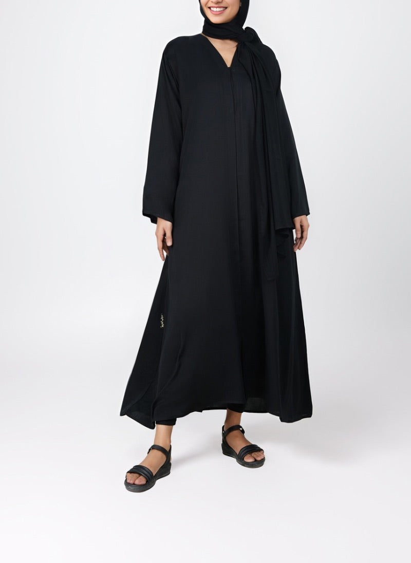 Black Front Open Nida Fabric Abaya - 0116-P