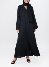 Black Front Open Moss Georgette Abaya - 0116-P