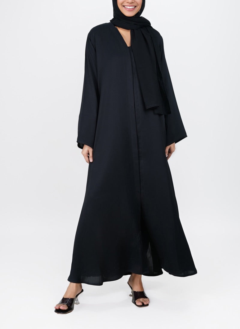 Black Front Open Moss Georgette Abaya - 0116-P