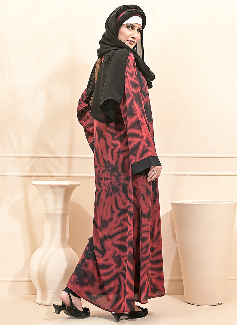 Hijabulhareem Front Open Pattern Abaya 0116-R-203-Red