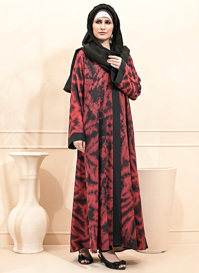 Hijabulhareem Front Open Pattern Abaya 0116-R-203-Red
